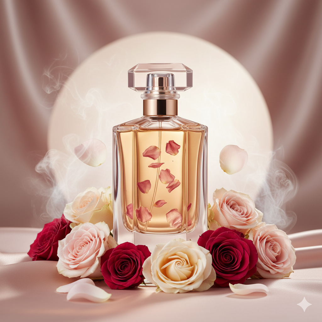 7 Massive Benefits of Rose oil 2 A perfume bottle that has Rose Essential Oil's scent of elegance